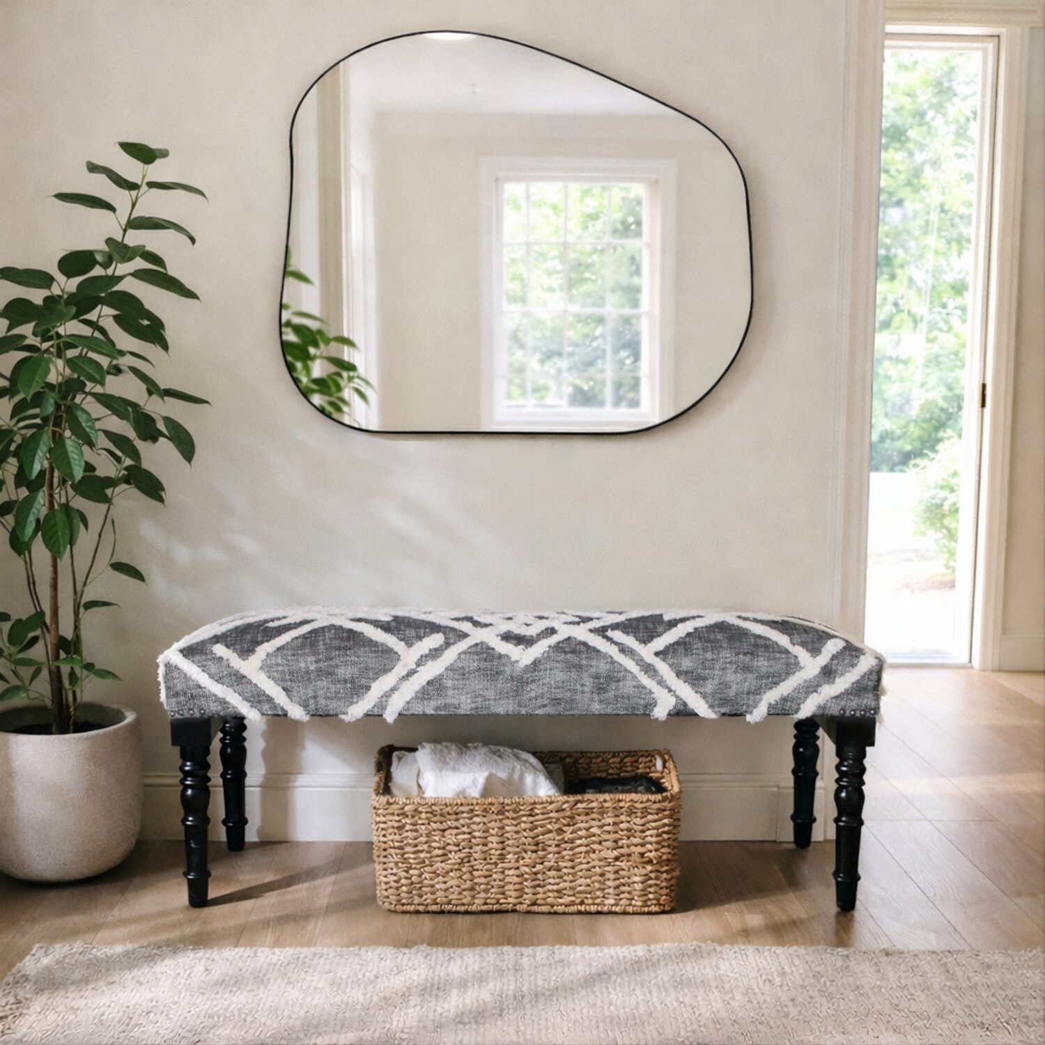 LR Home Scarlett Contemporary Upholstered Stripe Bench in Blue