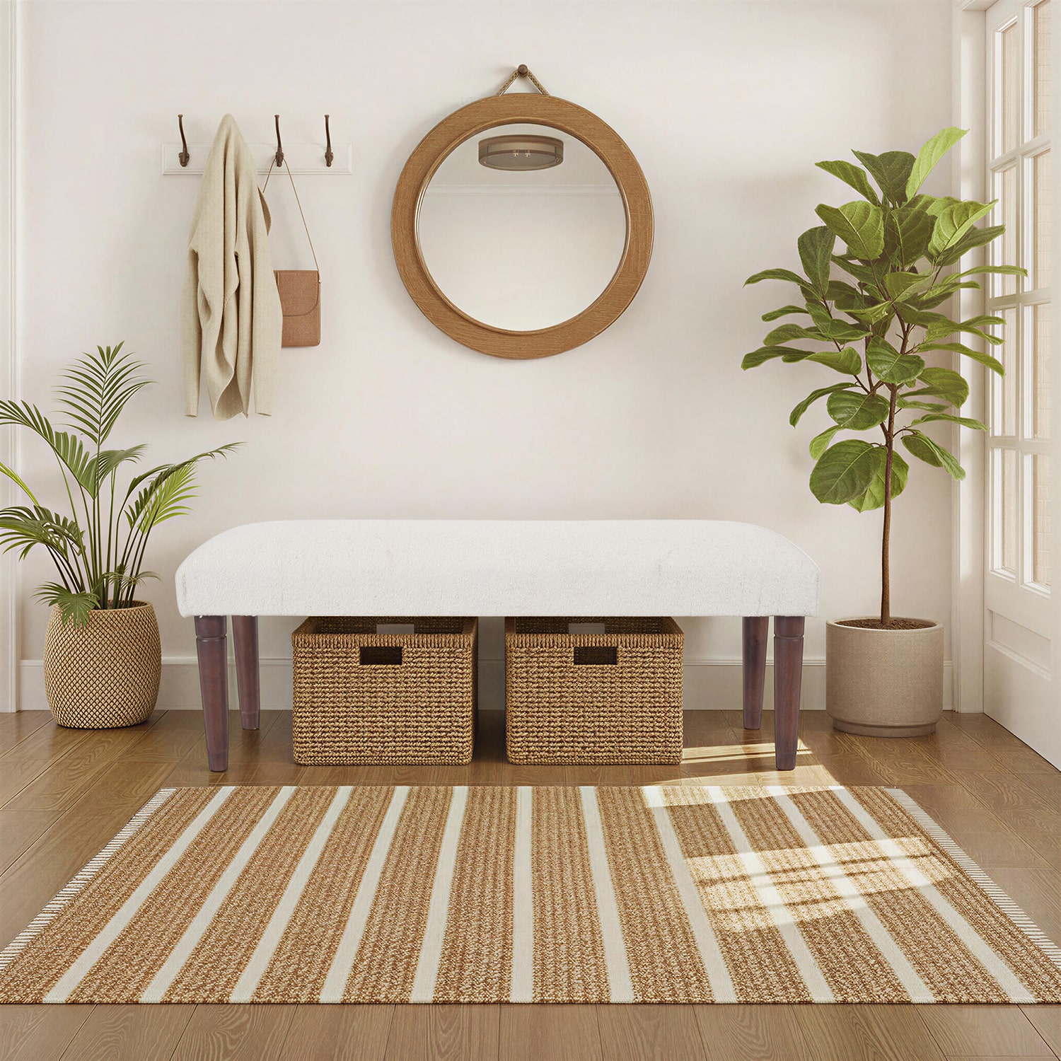 LR Home Zoe Contemporary Upholstered Boucle Bench in Cream