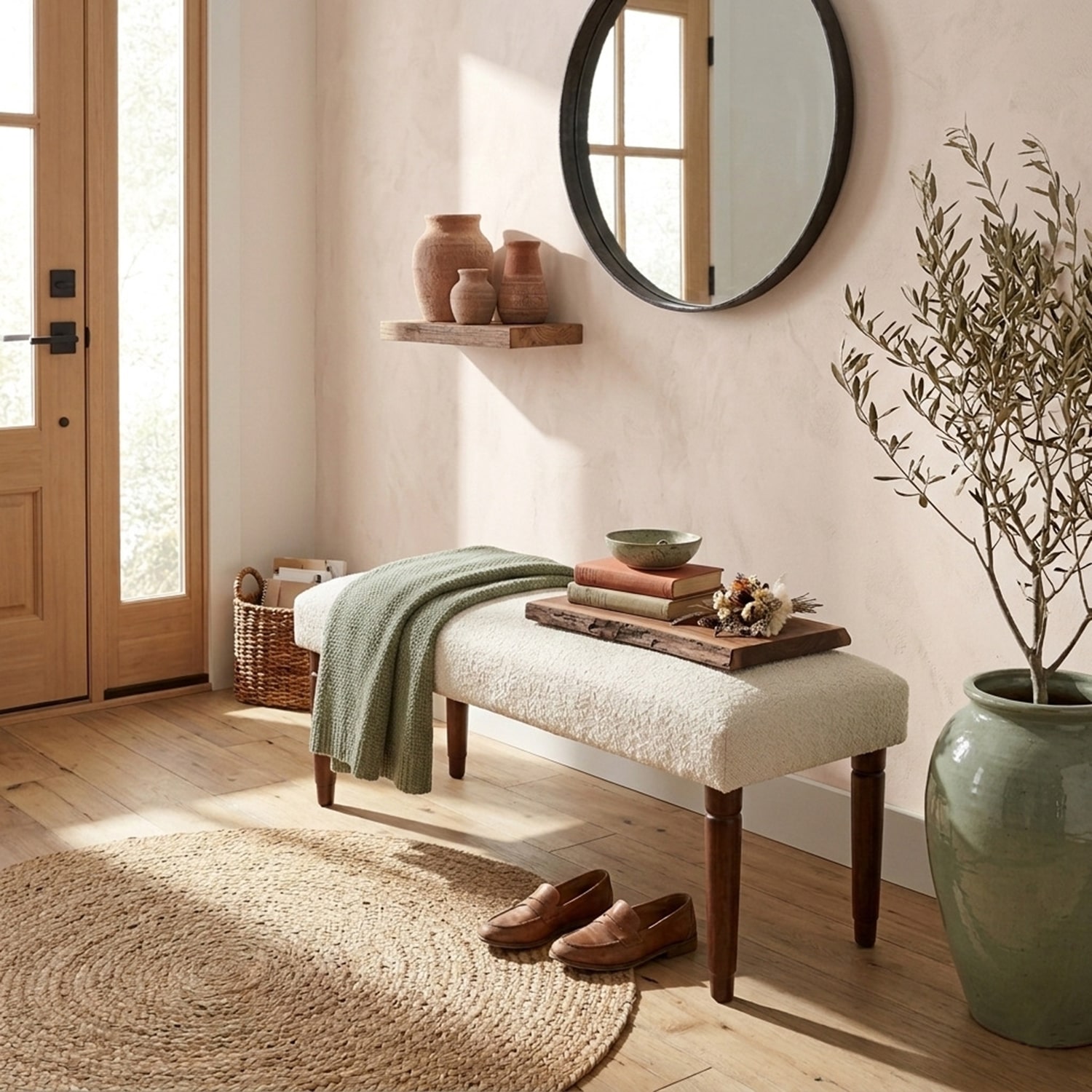 LR Home Zoe Contemporary Upholstered Boucle Bench in Cream