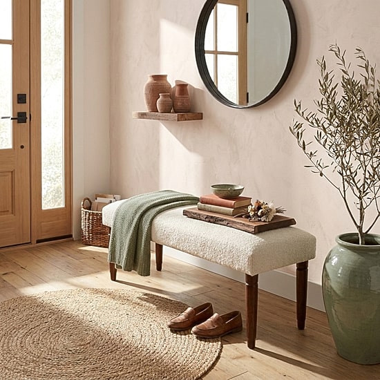 LR Home Zoe Contemporary Upholstered Boucle Bench in Cream