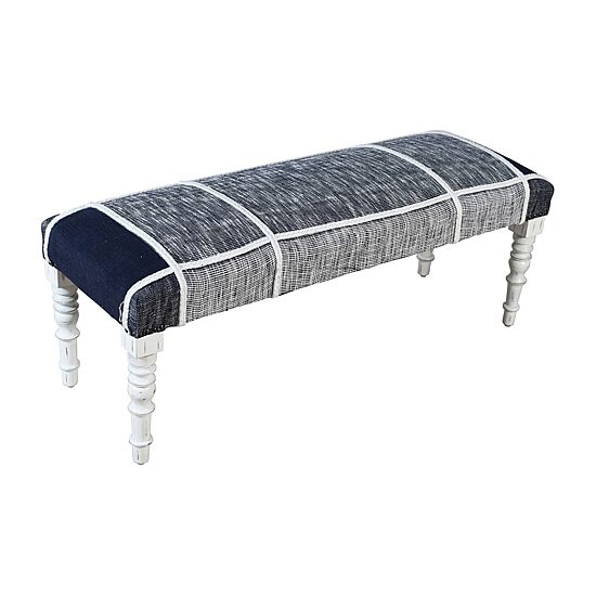 LR Home Scarlett Farmhouse Upholstered Plaid Bench in Navy