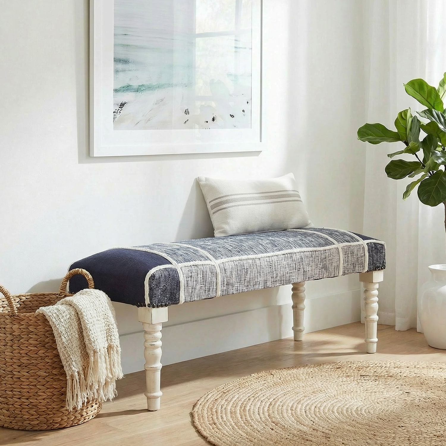 LR Home Scarlett Farmhouse Upholstered Plaid Bench in Navy