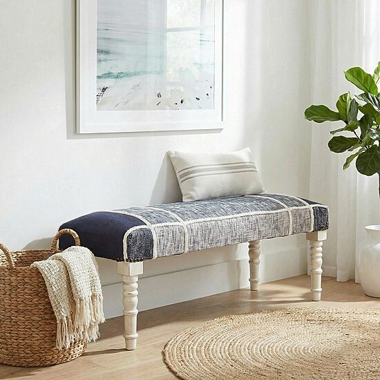 LR Home Scarlett Farmhouse Upholstered Plaid Bench in Navy