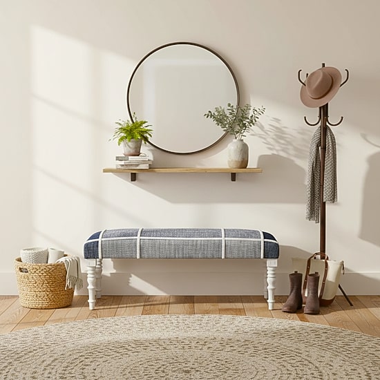 LR Home Scarlett Farmhouse Upholstered Plaid Bench in Navy