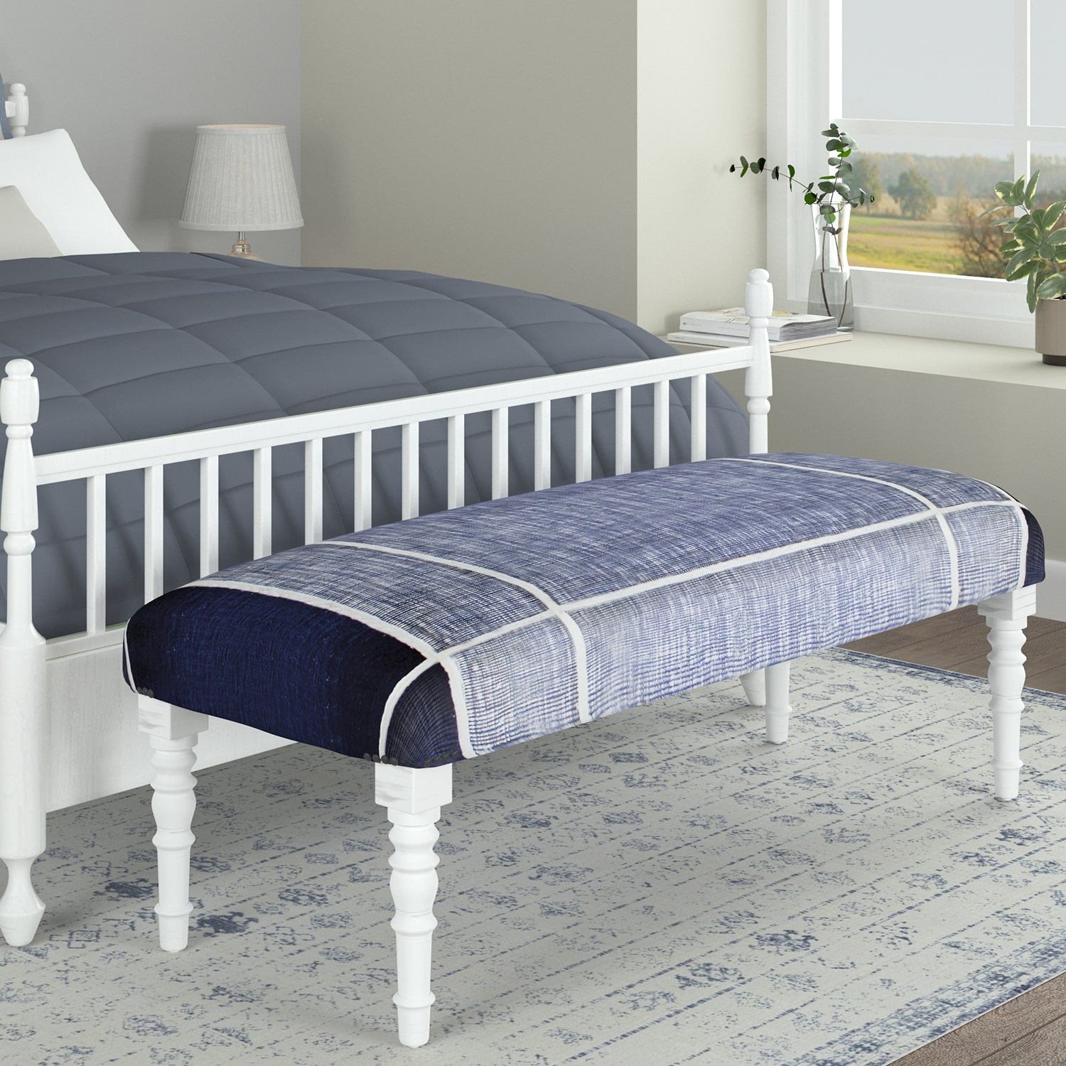 LR Home Scarlett Farmhouse Upholstered Plaid Bench in Navy