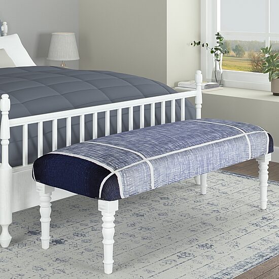 LR Home Scarlett Farmhouse Upholstered Plaid Bench in Navy