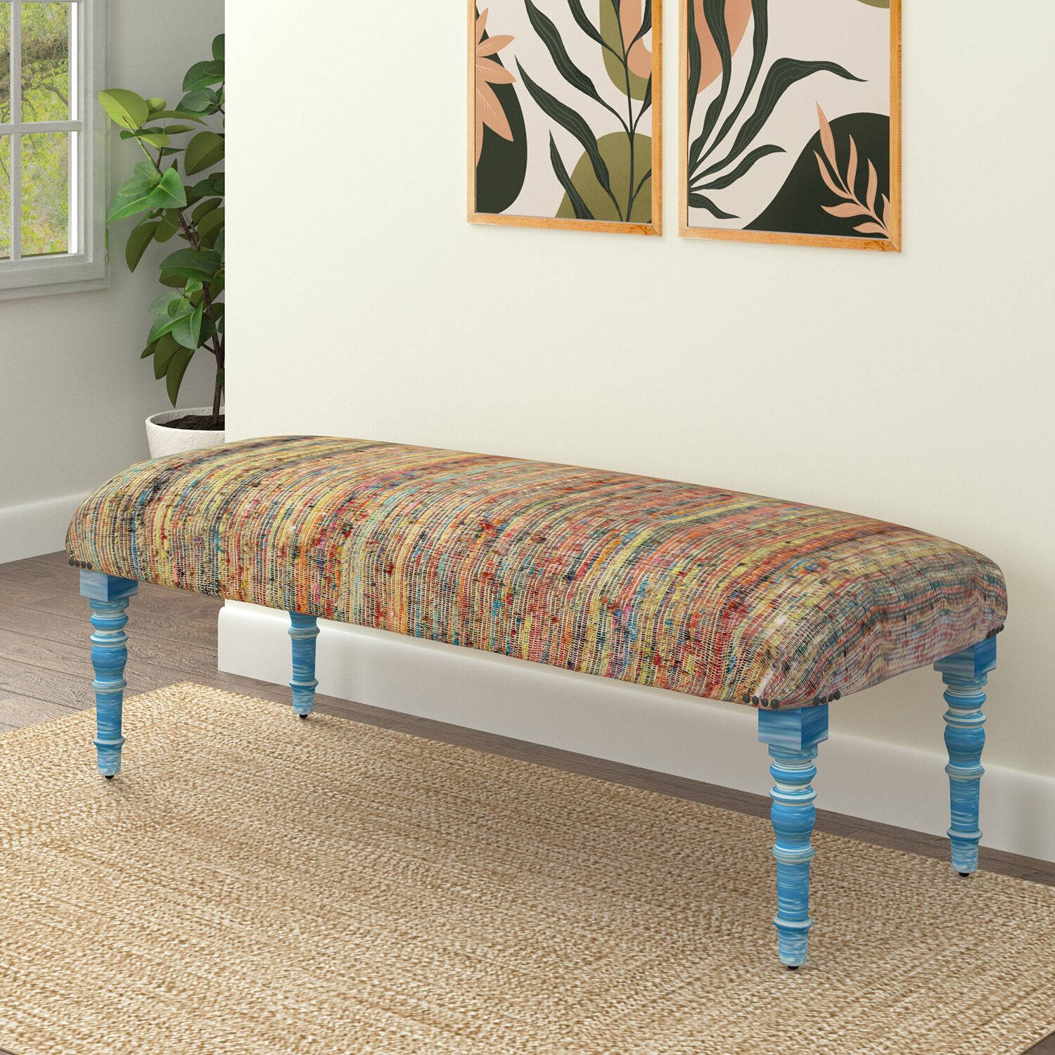 LR Home Scarlett Upholstered Striped Cotton Bench in Rainbow