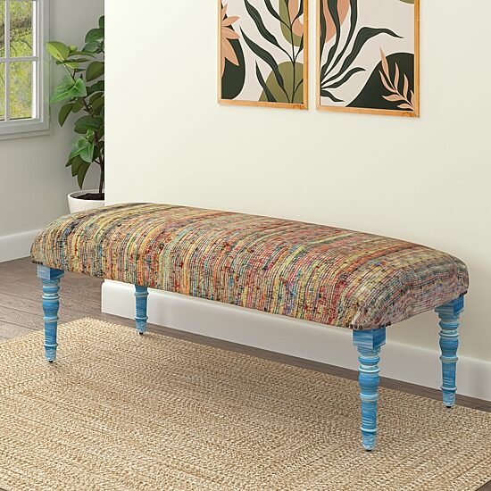 LR Home Scarlett Upholstered Striped Cotton Bench in Rainbow