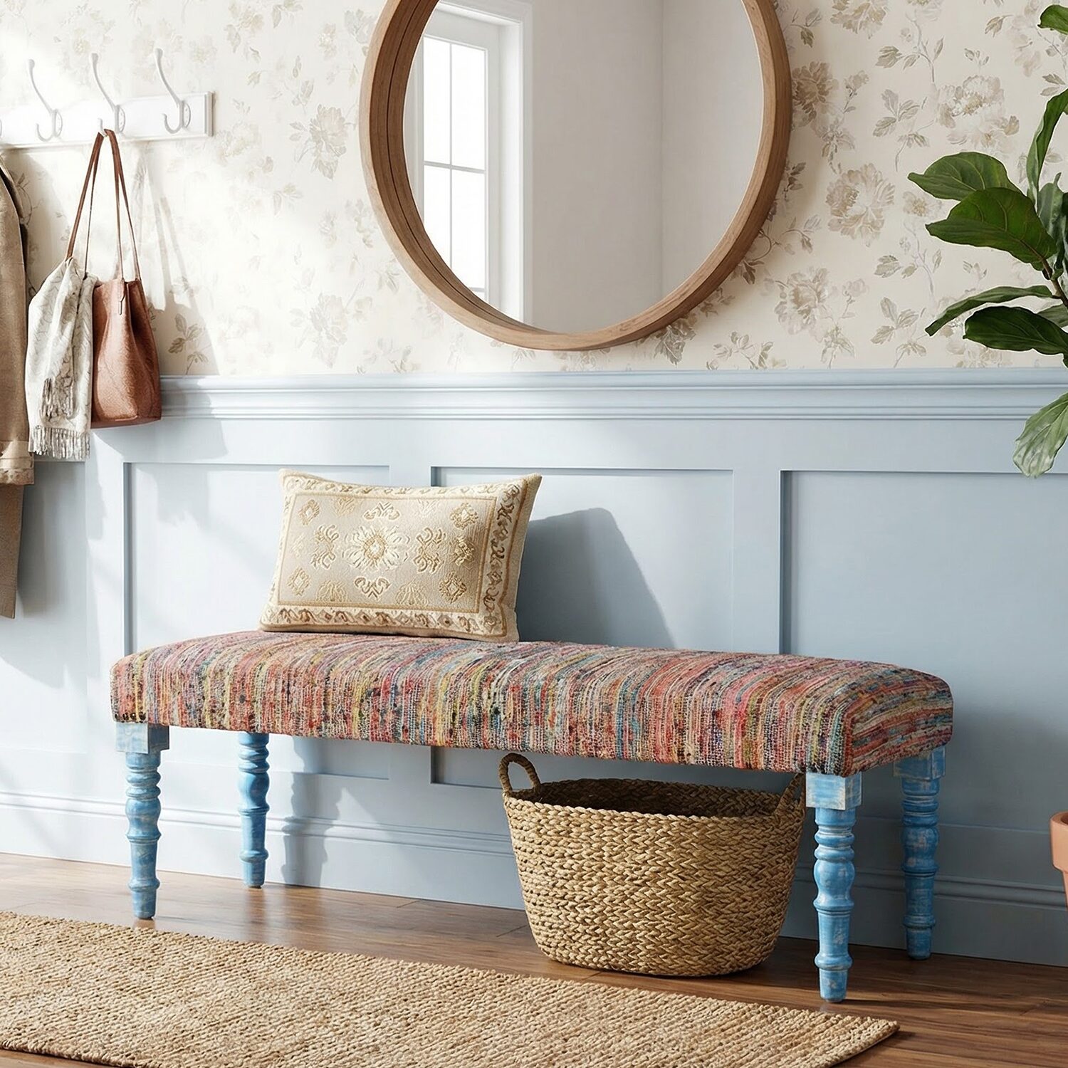 LR Home Scarlett Upholstered Striped Cotton Bench in Rainbow
