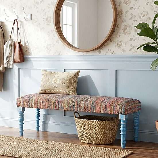 LR Home Scarlett Upholstered Striped Cotton Bench in Rainbow