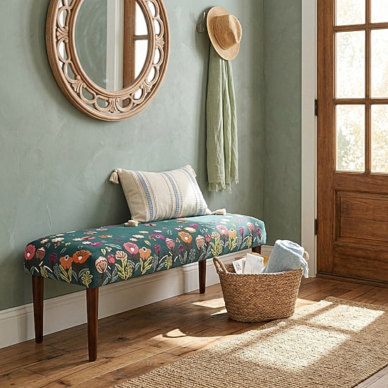 LR Home Nova Contemporary Upholstered Velvet Bench in Green Floral