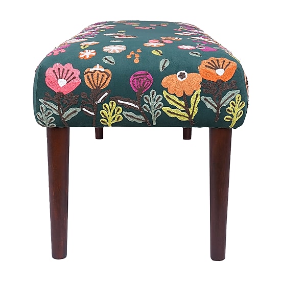 LR Home Nova Contemporary Upholstered Velvet Bench in Green Floral