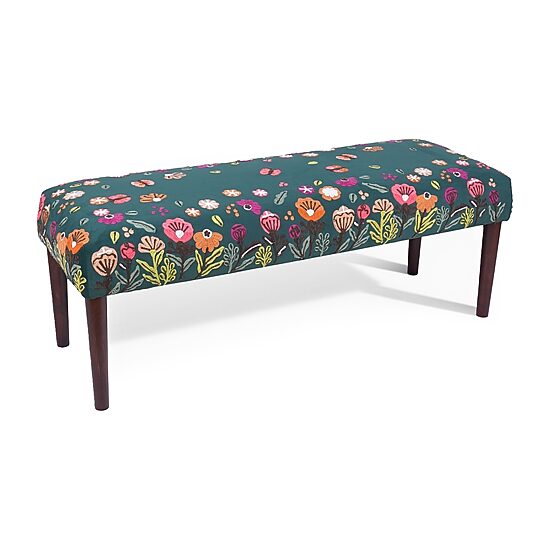 LR Home Nova Contemporary Upholstered Velvet Bench in Green Floral