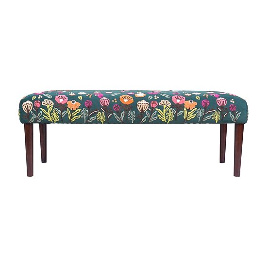 LR Home Nova Contemporary Upholstered Velvet Bench in Green Floral