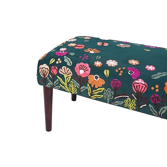 LR Home Nova Contemporary Upholstered Velvet Bench in Green Floral