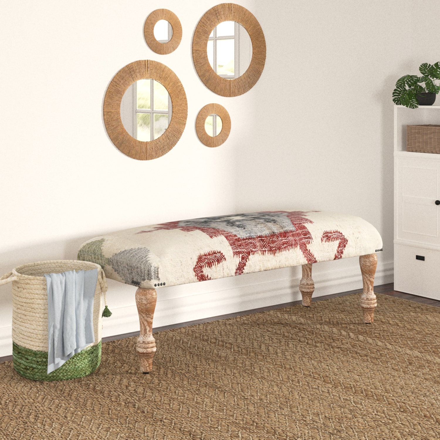 LR Home Jose Southwest Upholstered Kilim Bench in Beige/Red