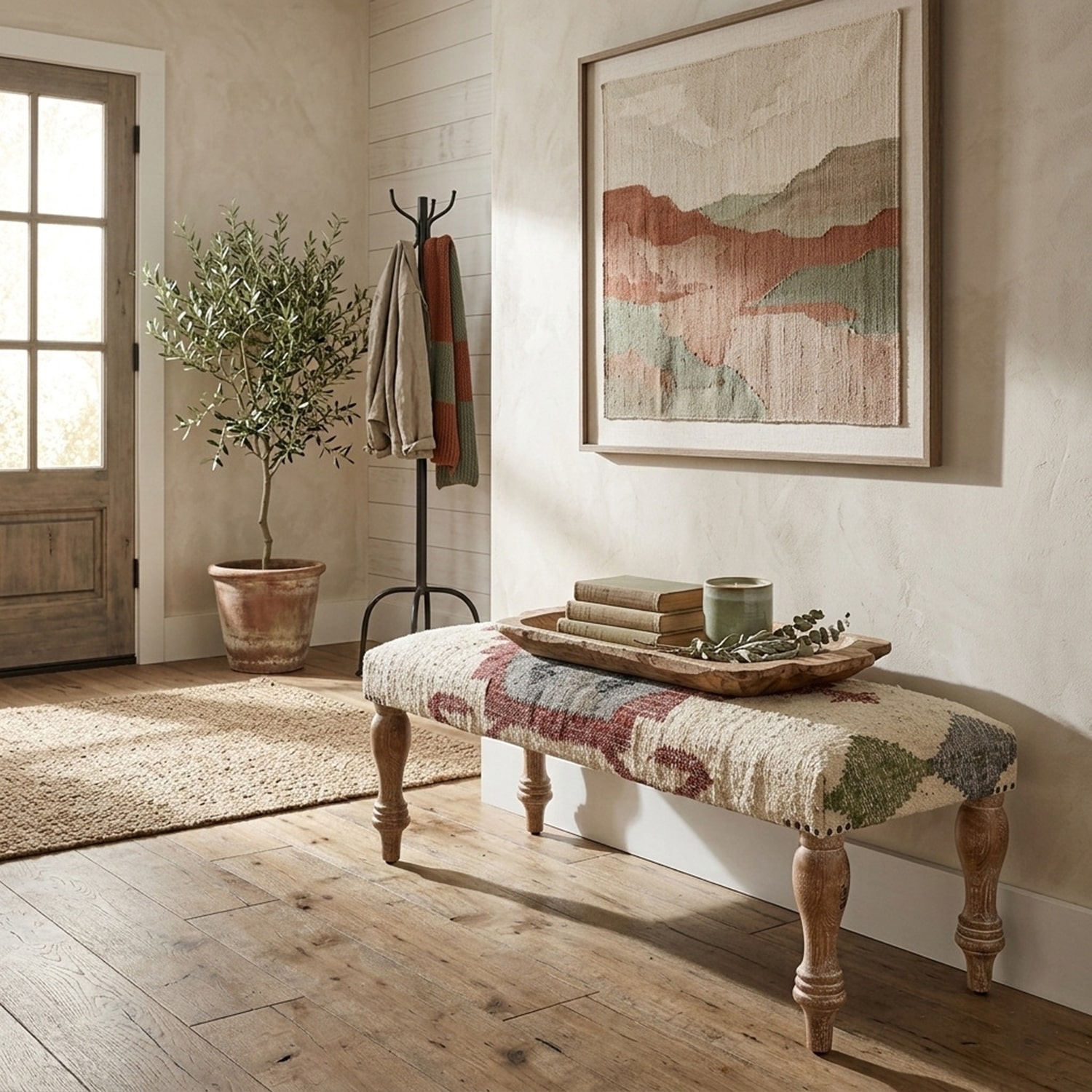 LR Home Jose Southwest Upholstered Kilim Bench in Beige/Red