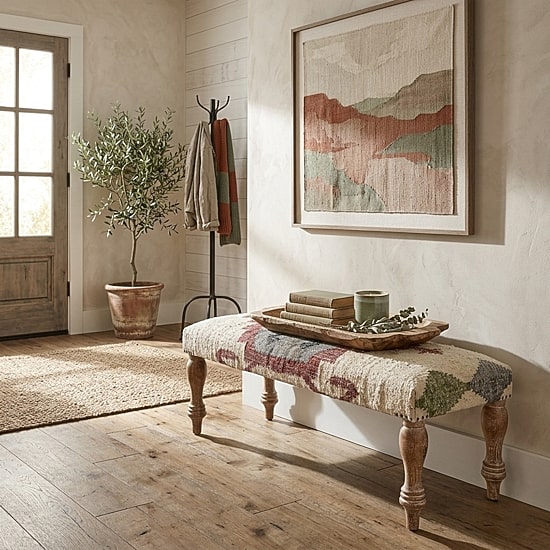 LR Home Jose Southwest Upholstered Kilim Bench in Beige/Red