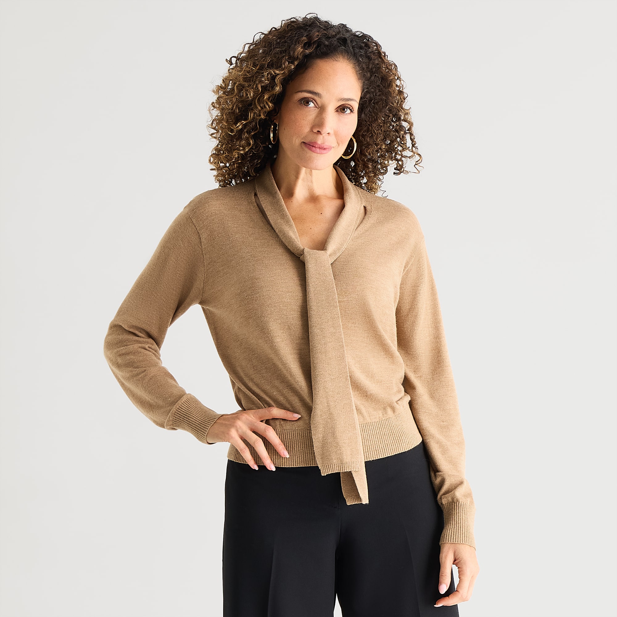 Liz Claiborne Womens Split Tie Neck Long Sleeve Pullover Sweater