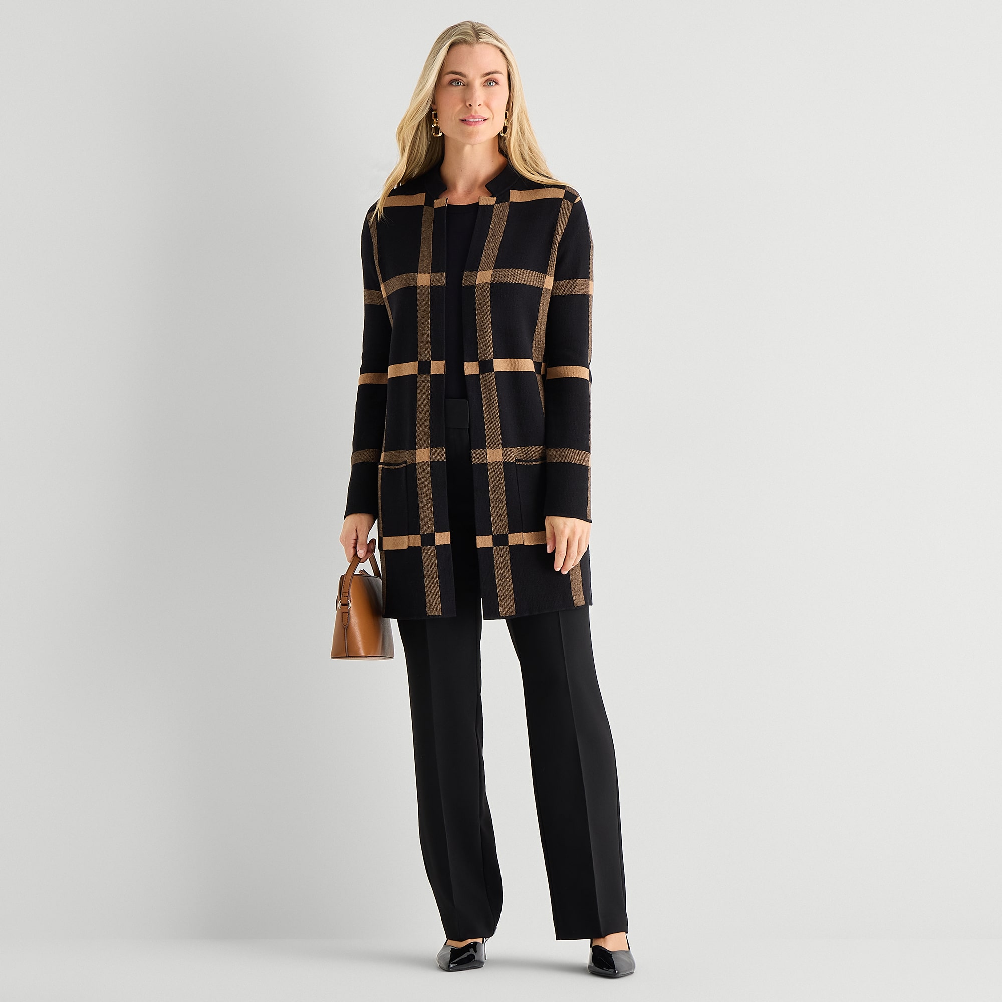 Black Label by Evan-Picone Womens Notch Neck Long Sleeve Open Front Windowpane Cardigan
