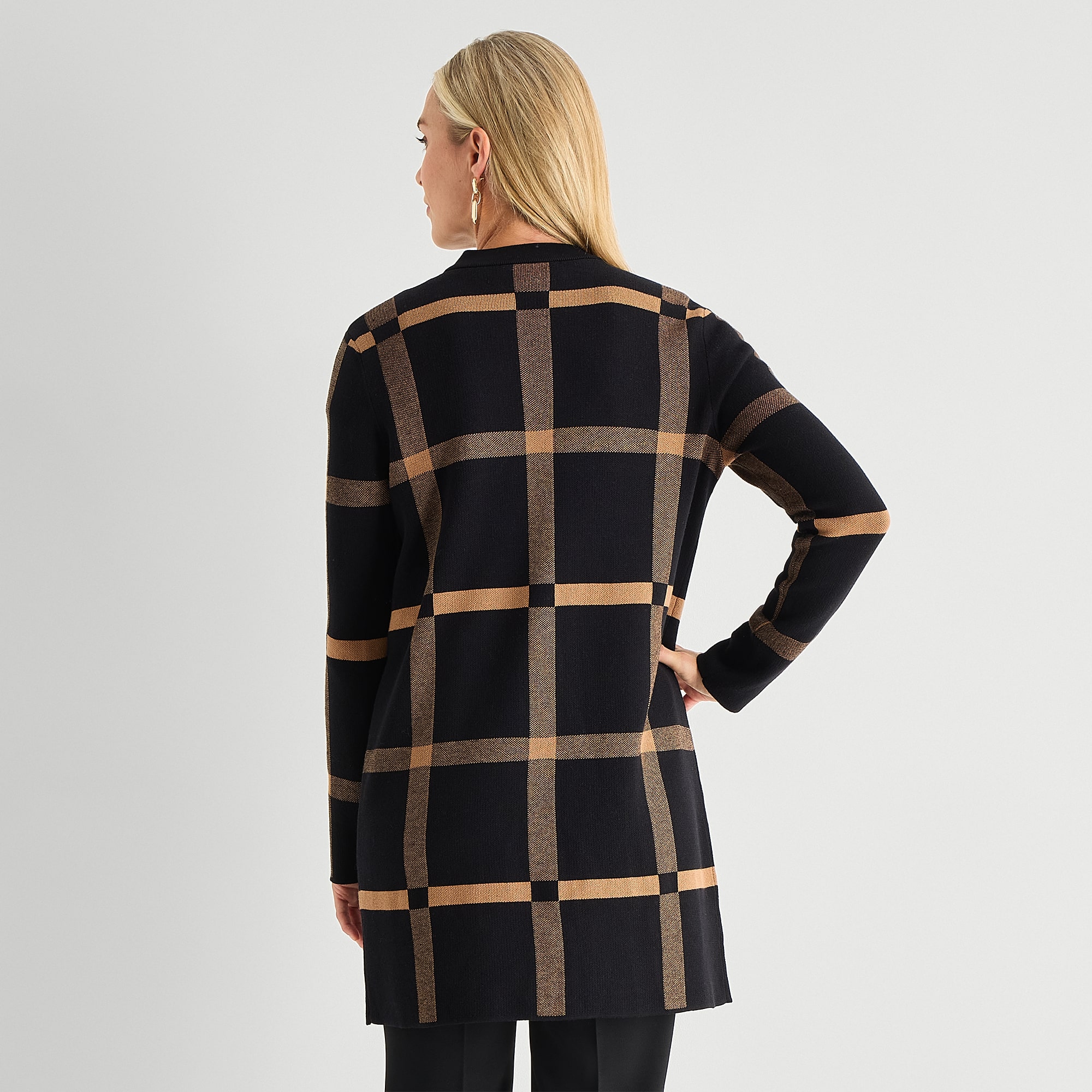 Black Label by Evan-Picone Womens Notch Neck Long Sleeve Open Front Windowpane Cardigan