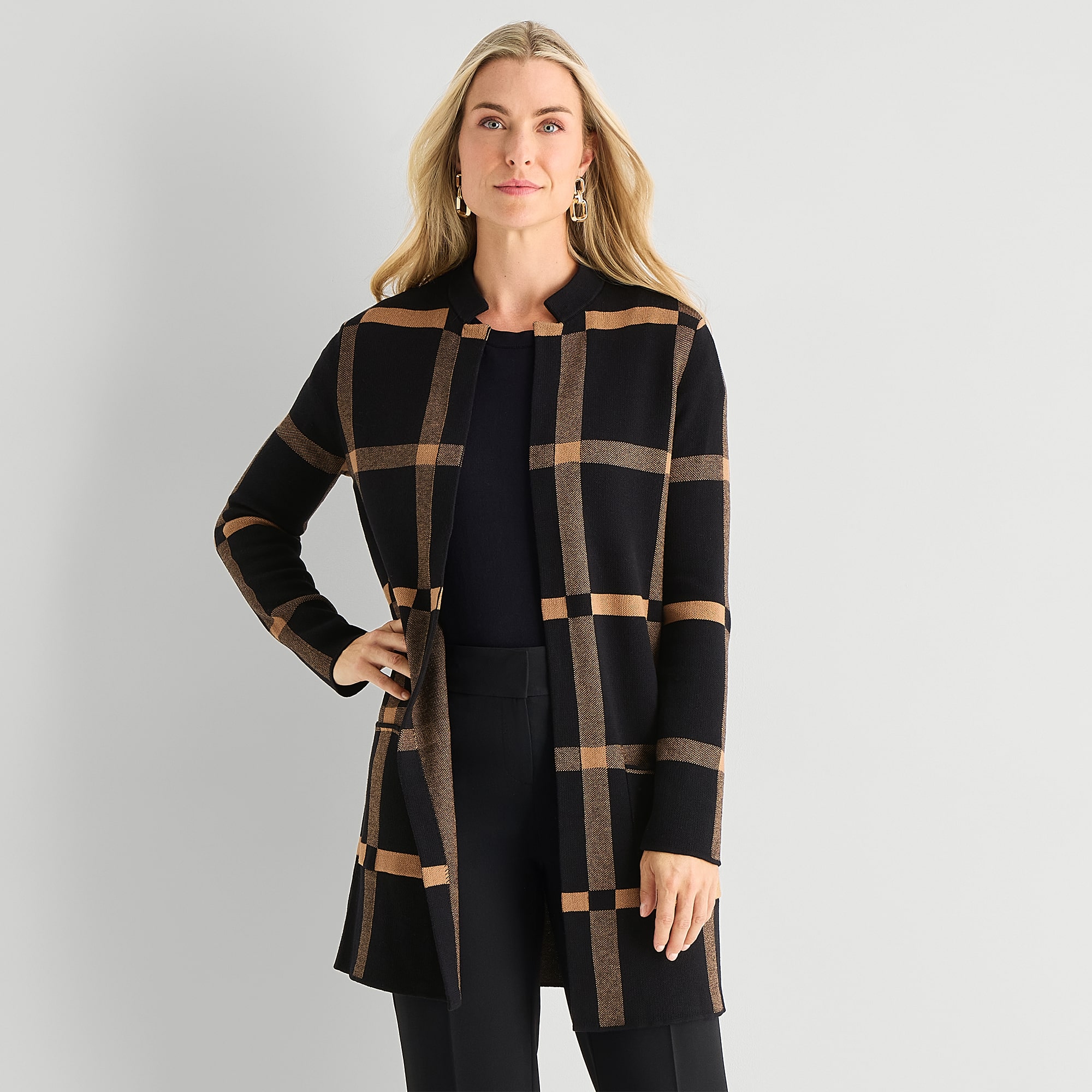 Black Label by Evan-Picone Womens Notch Neck Long Sleeve Open Front Windowpane Cardigan