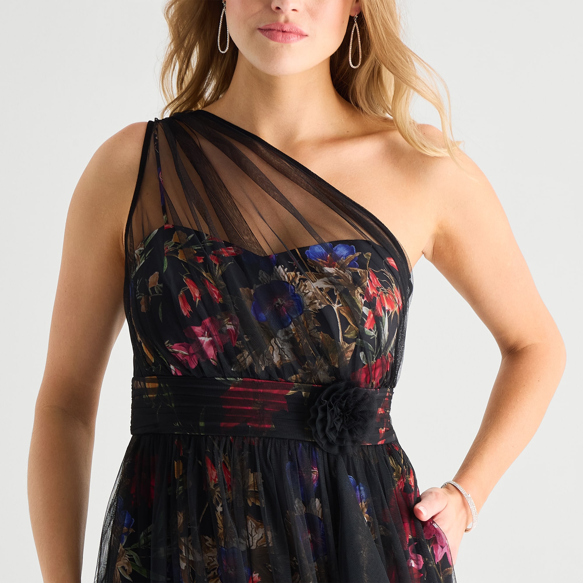 Maya Brooke Womens Asymmetrical Neck Sleeveless Spaghetti Straps Floral Evening Gown