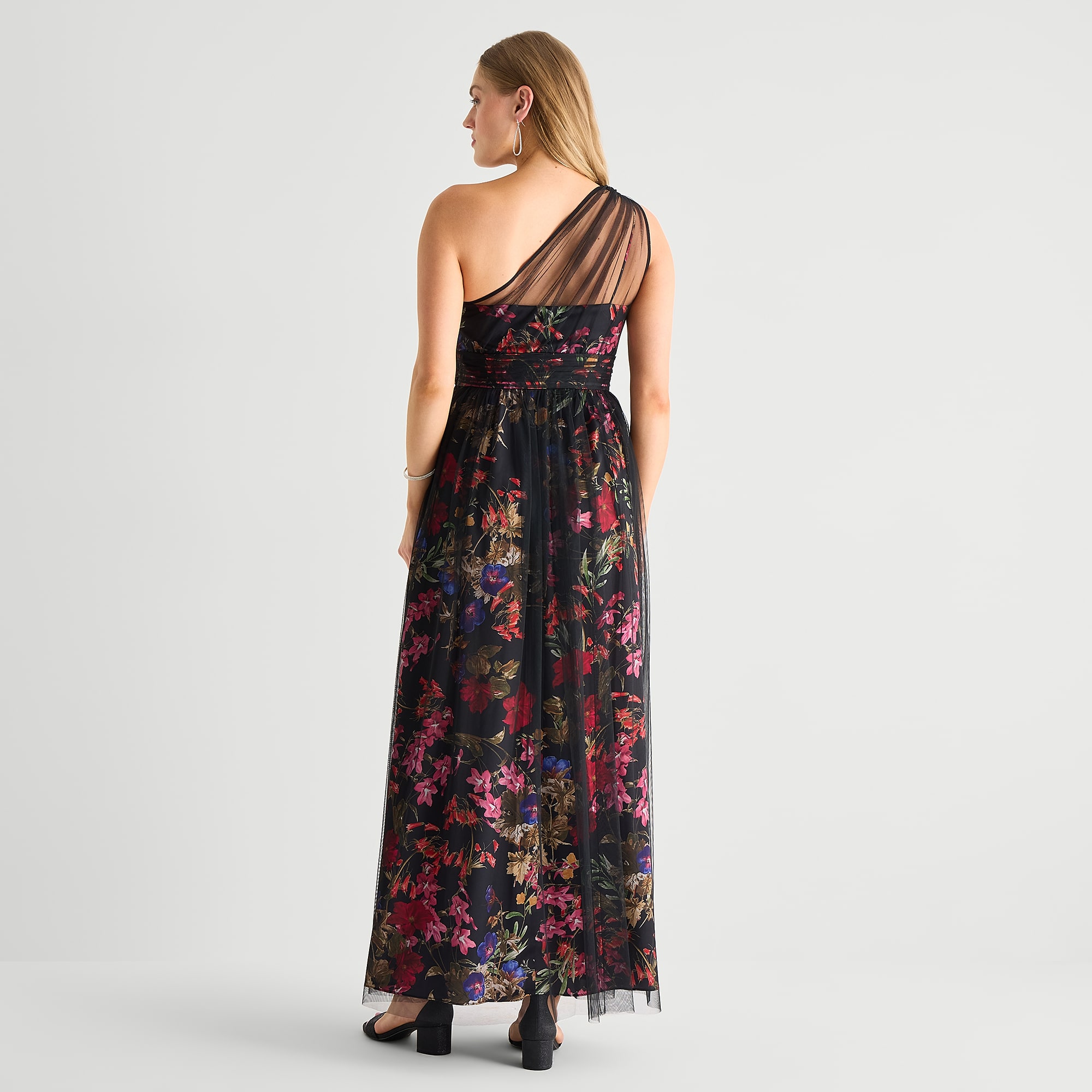 Maya Brooke Womens Asymmetrical Neck Sleeveless Spaghetti Straps Floral Evening Gown