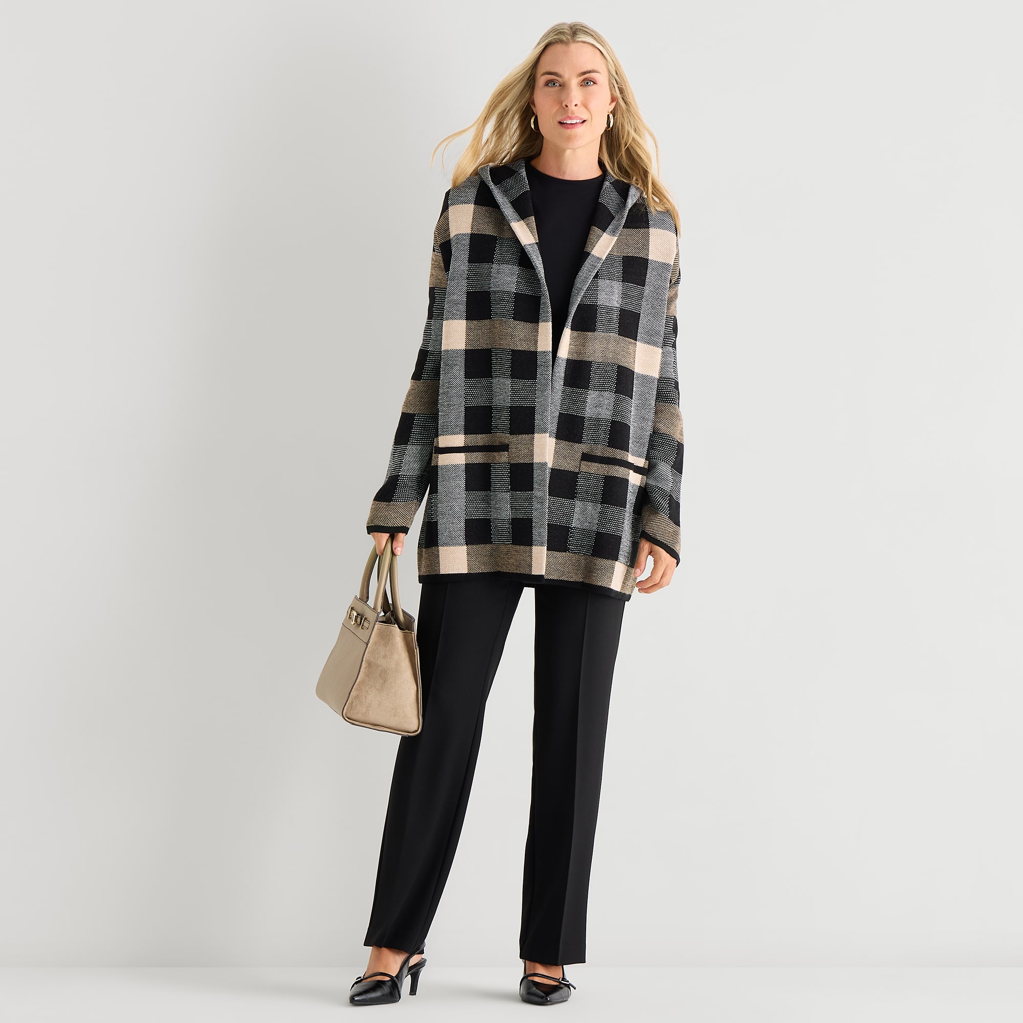 Black Label by Evan-Picone Womens Hooded Long Sleeve Open Front Plaid Cardigan