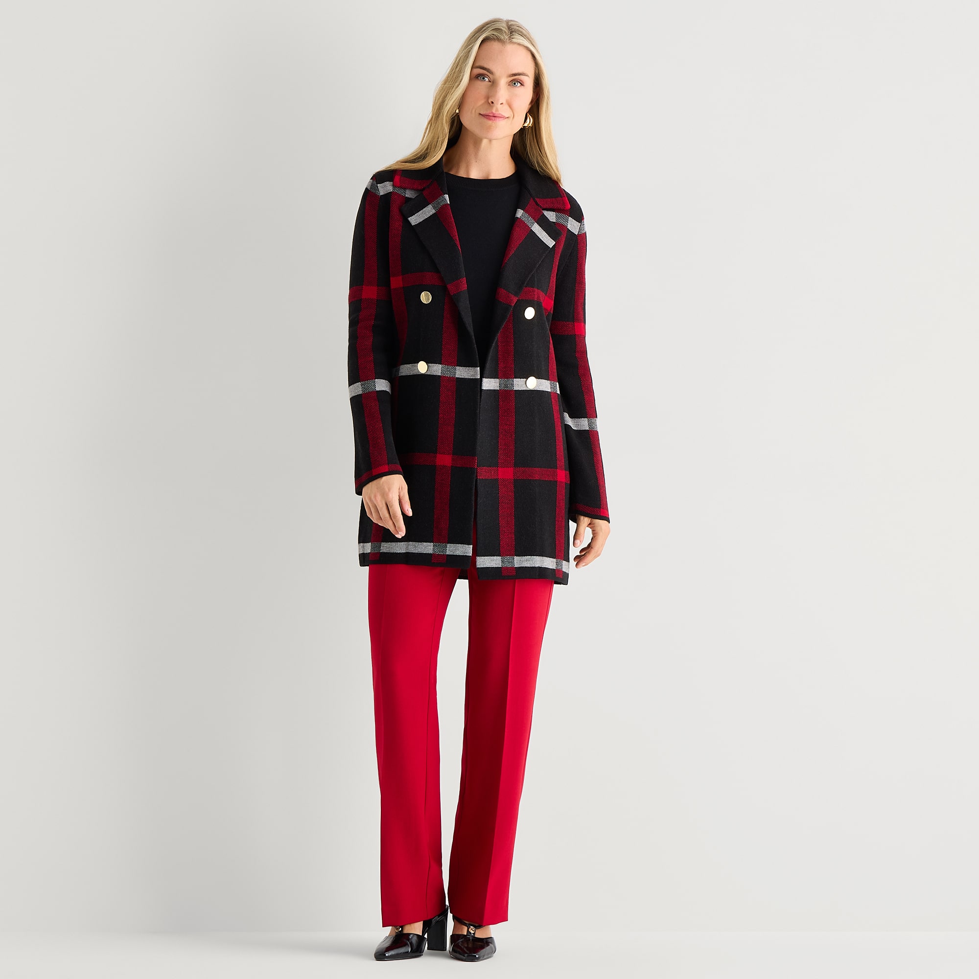 Black Label by Evan-Picone Womens Long Sleeve Open Front Plaid Cardigan