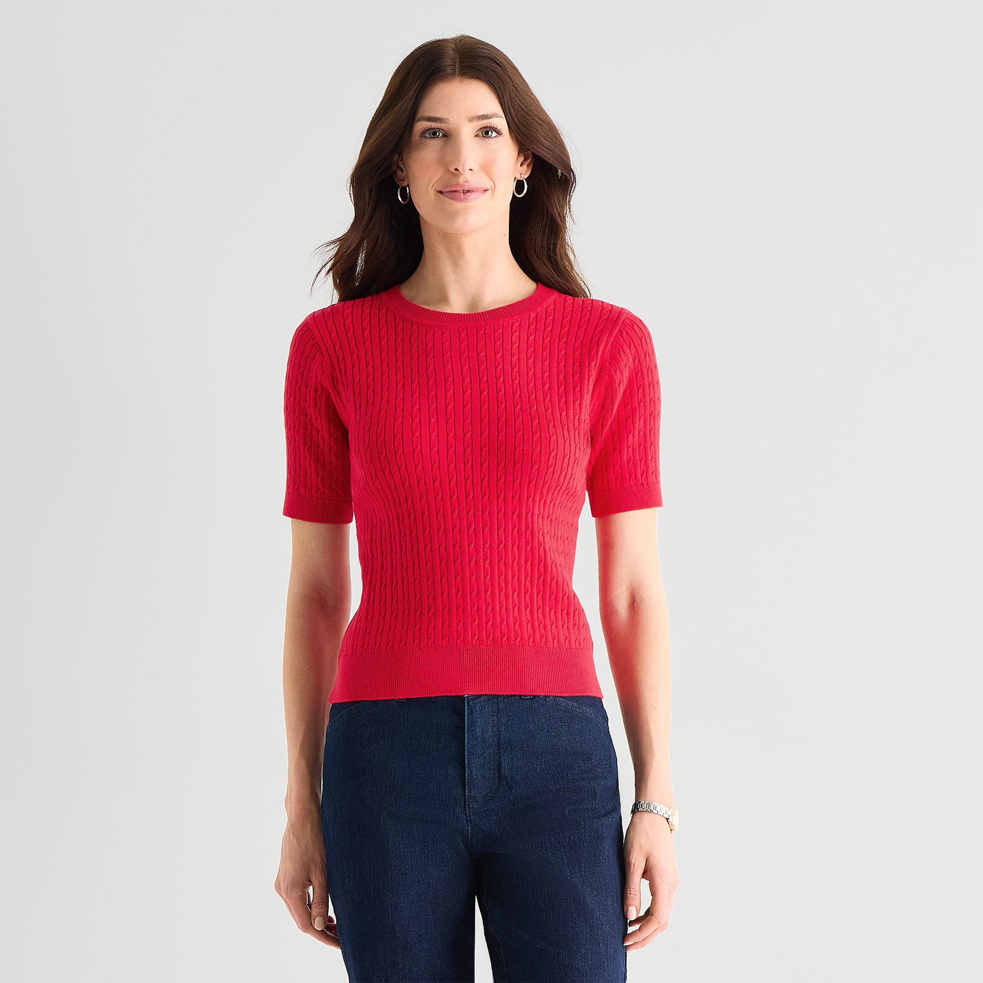 St. John's Bay Womens Crew Neck Short Sleeve Cable Knit Pullover Sweater