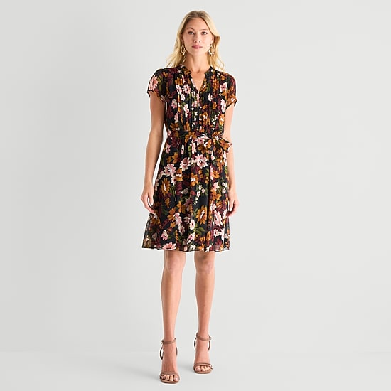 msk petite cocktail dresses Womens Short Sleeve Floral Shirt Dress, Color: Marsala Size:UK14 - (US10) Mock Neck Mesh Overlay DRESSES + KNITS TEMP TAGGING JULY 26' Lace Scoop neck