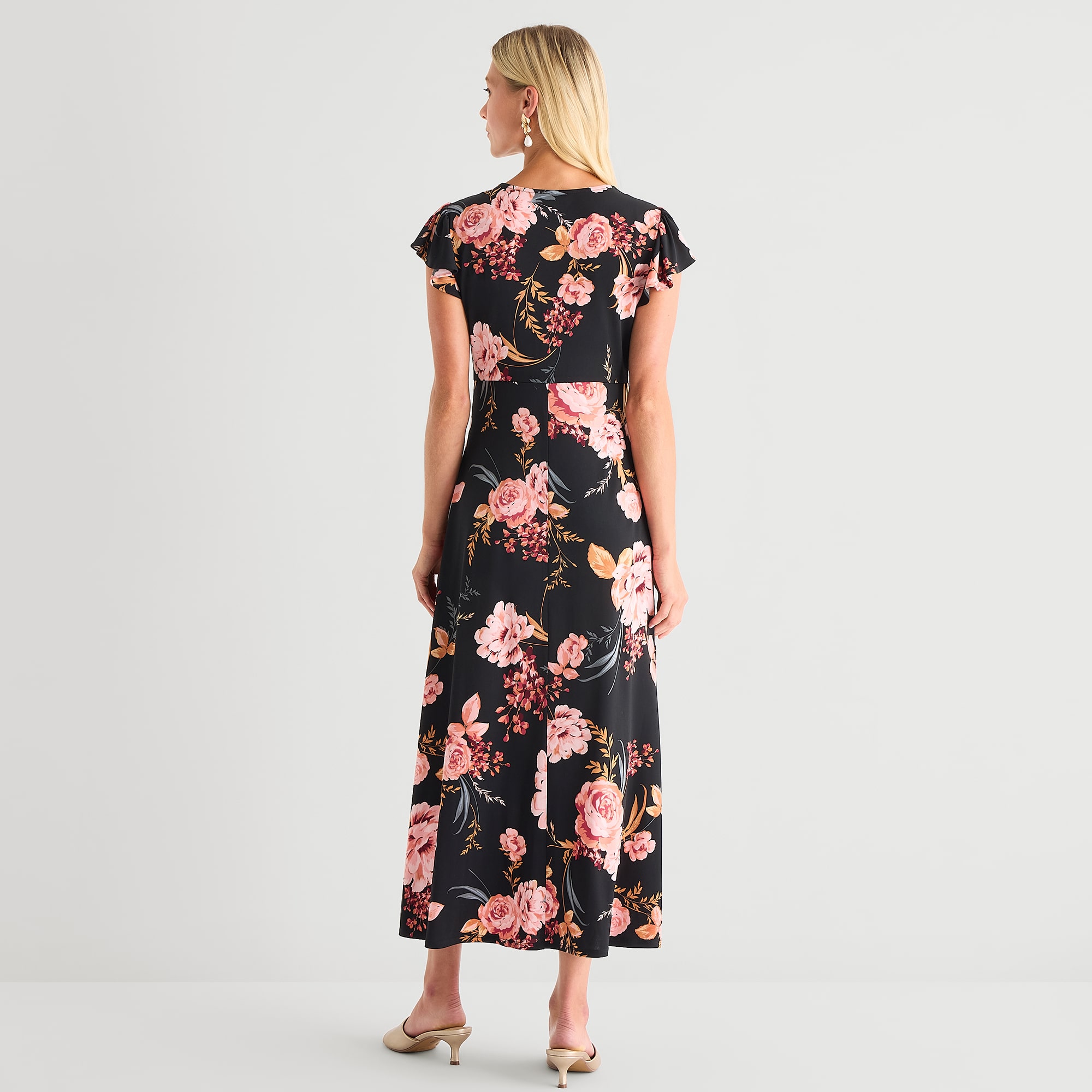 MSK Womens Petite V Neck Short Sleeve Flutter Maxi Dress