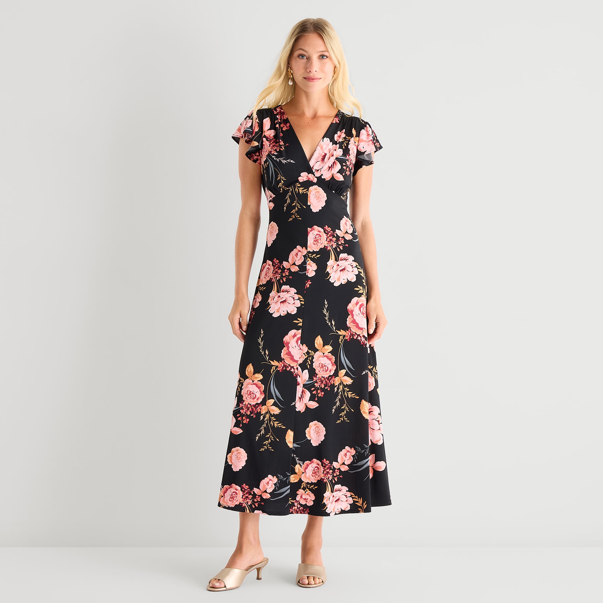 MSK Womens Petite V Neck Short Sleeve Flutter Maxi Dress