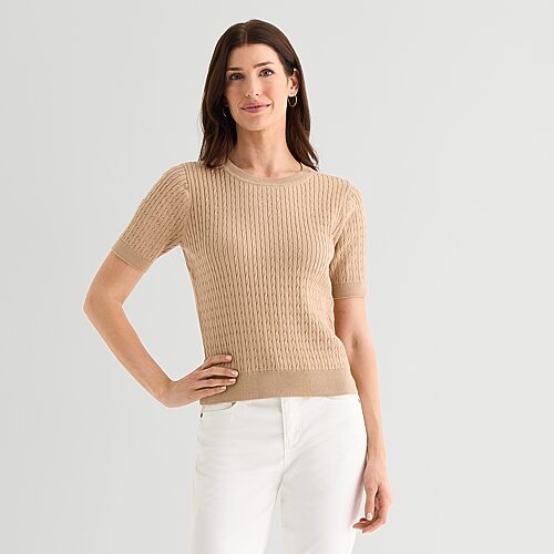 St. John's Bay Womens Crew Neck Short Sleeve Cable Knit Pullover Sweater In Multi