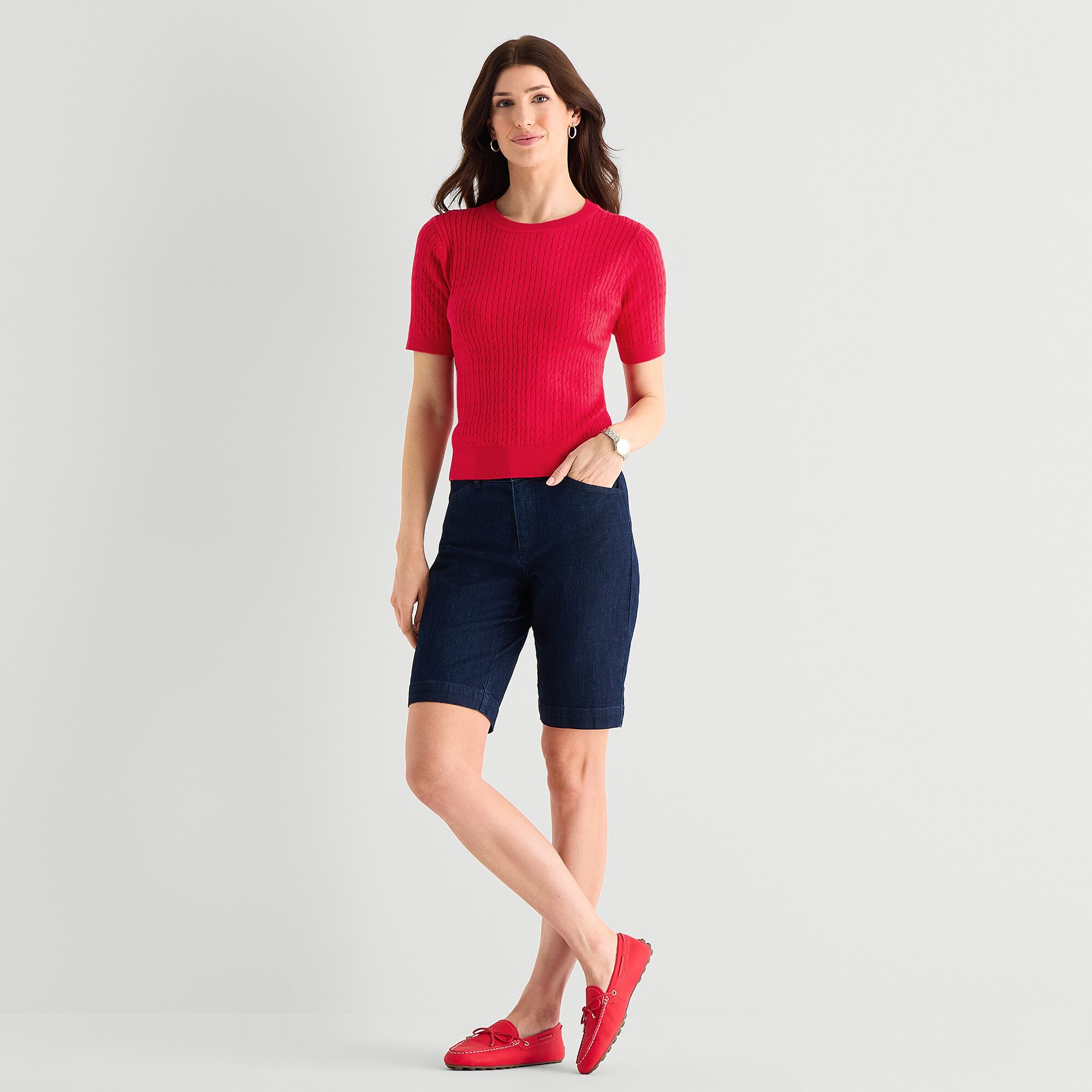 St. John's Bay Womens Crew Neck Short Sleeve Cable Knit Pullover Sweater