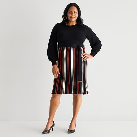 Jessica Howard Womens Plus Long Sleeve Belted Striped Midi Sweater Dress