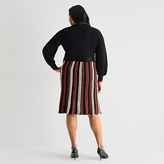 Jessica Howard Womens Plus Long Sleeve Belted Striped Midi Sweater Dress
