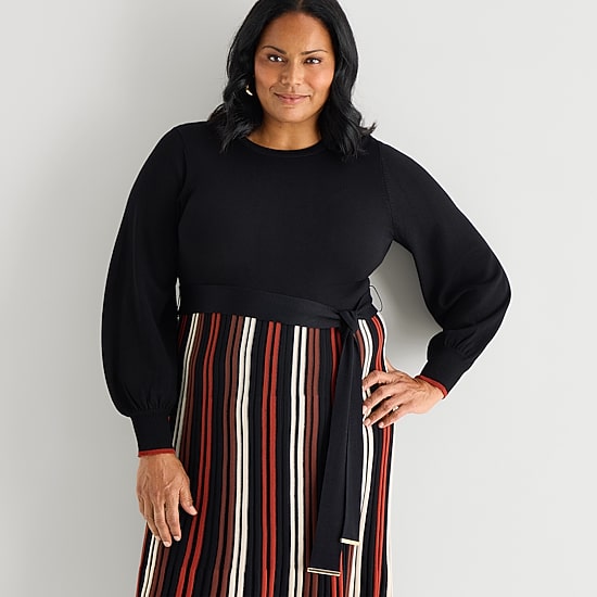 Jessica Howard Womens Plus Long Sleeve Belted Striped Midi Sweater Dress