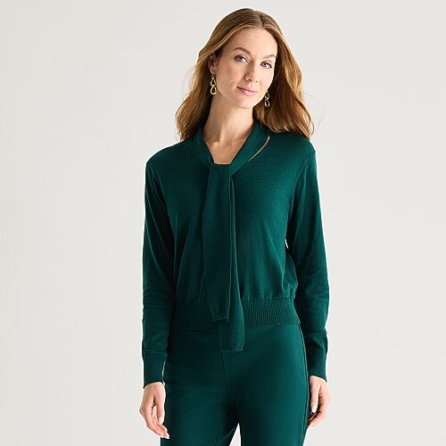 Liz Claiborne Plus Womens Split Tie Neck Long Sleeve Pullover Sweater In Green