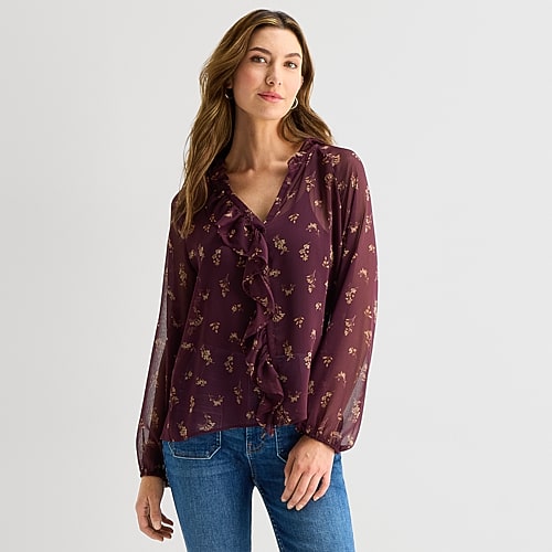 Ana Ruffle Womens Tall V Neck Long Sleeve Blouse In Brown