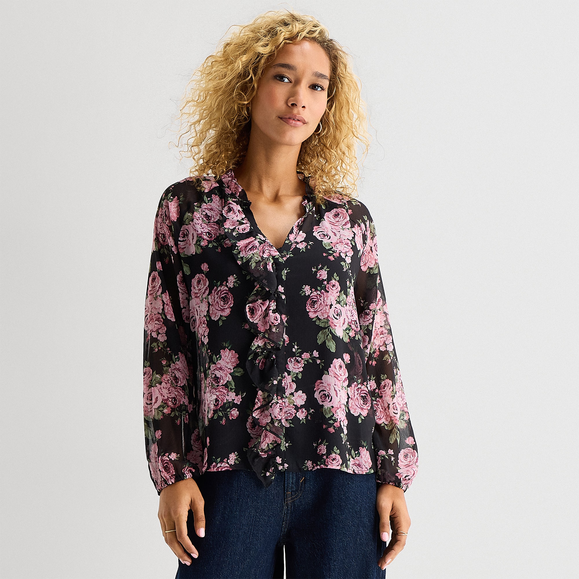 A.N.A Ruffle Womens Tall V Neck Long Sleeve Blouse