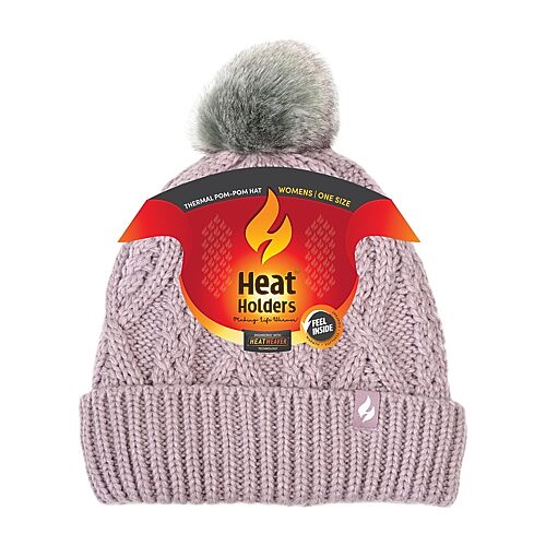 Heat Holders Women's Brina Solid Cable Knit Roll Up Hat with Pom-Pom