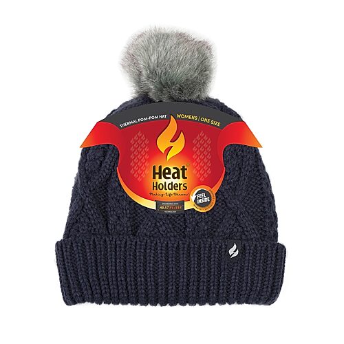 Heat Holders Women's Brina Solid Cable Knit Roll Up Hat with Pom-Pom