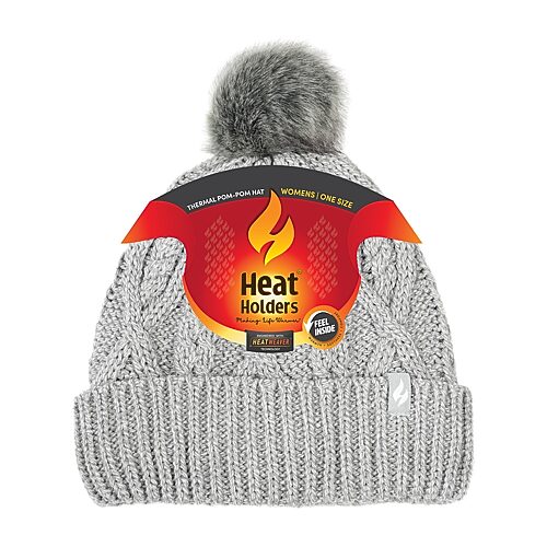Heat Holders Brina Cable Knit Pom-Pom Beanie Hat for Ladies - Cloud Grey