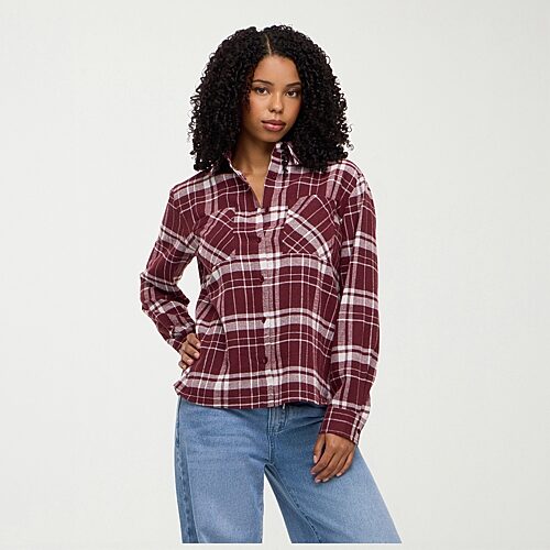 Forever 21 Womens Juniors Long Sleeve Loose Fit Flannel Shirt In Purple