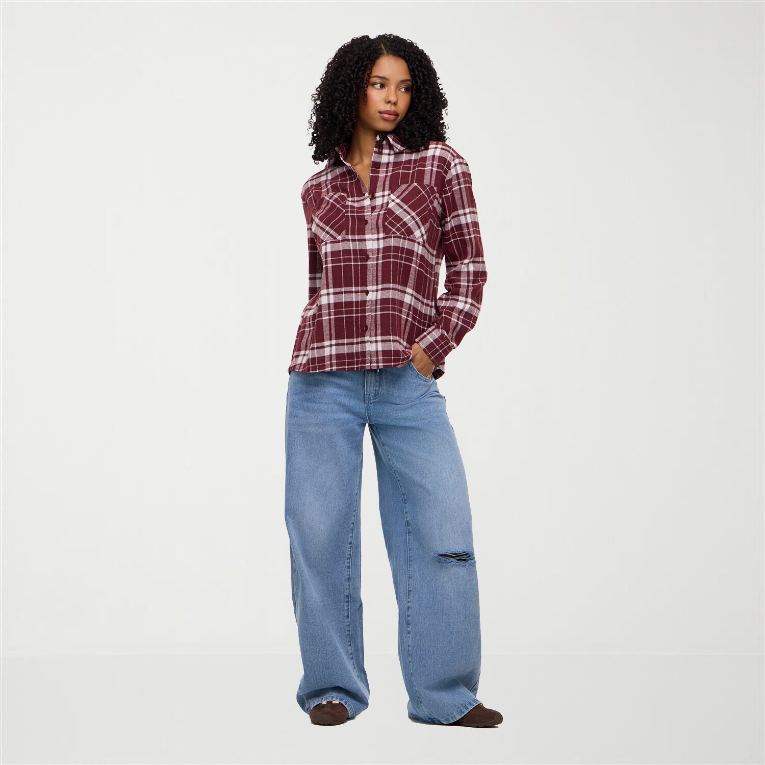Forever 21 Womens Juniors Long Sleeve Loose Fit Flannel Shirt