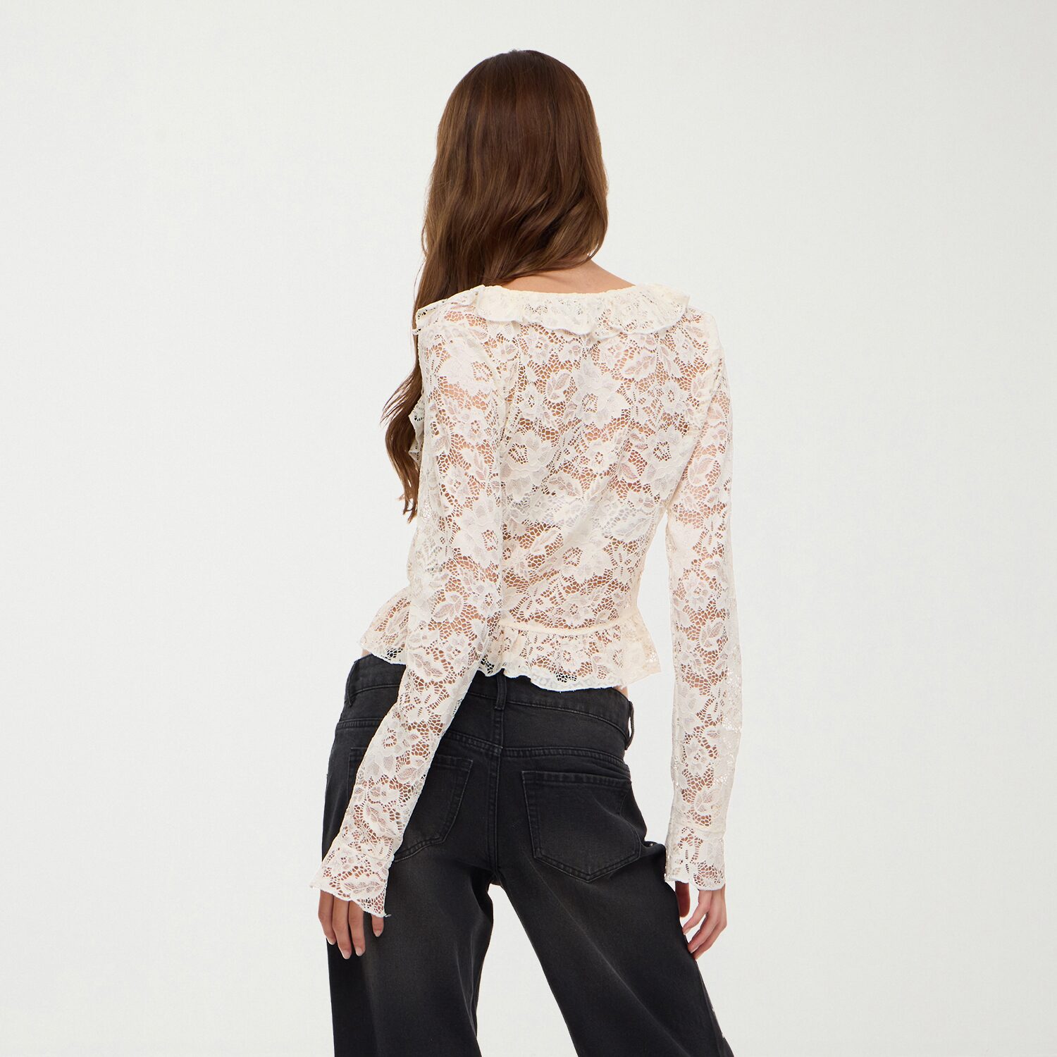 Forever 21 Womens Juniors V Neck Long Sleeve Lace T-Shirt