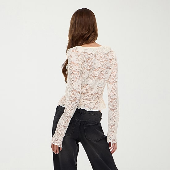 Forever 21 Womens Juniors V Neck Long Sleeve Lace T-Shirt