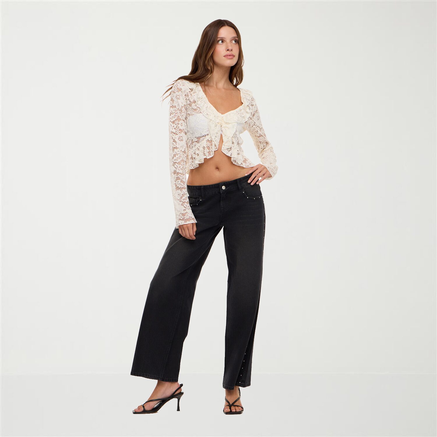 Forever 21 Womens Juniors V Neck Long Sleeve Lace T-Shirt